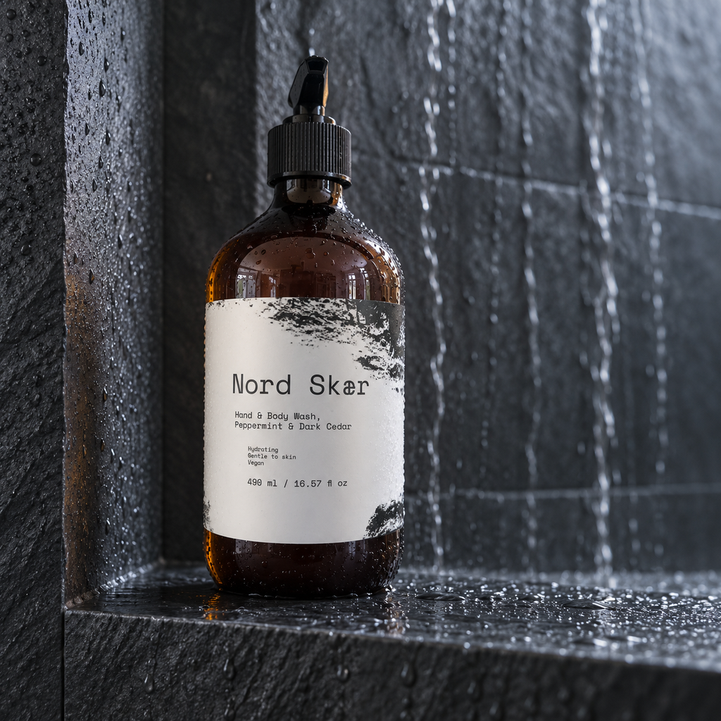 Nord Skær Hand and Body Wash i en mørk nordisk shower-scene